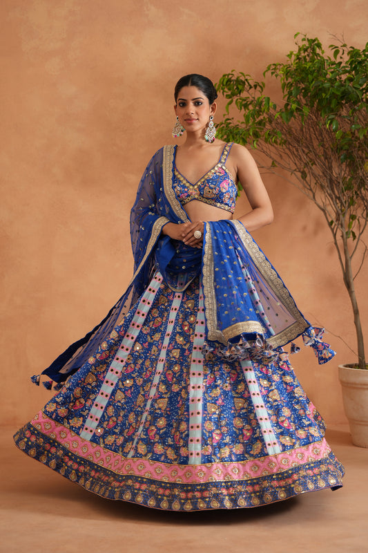 Blue Printed and Embroidered Blouse, Lehenga and Dupatta