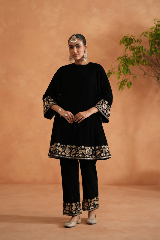 Black Velvet Embroidered Tunic and Pants