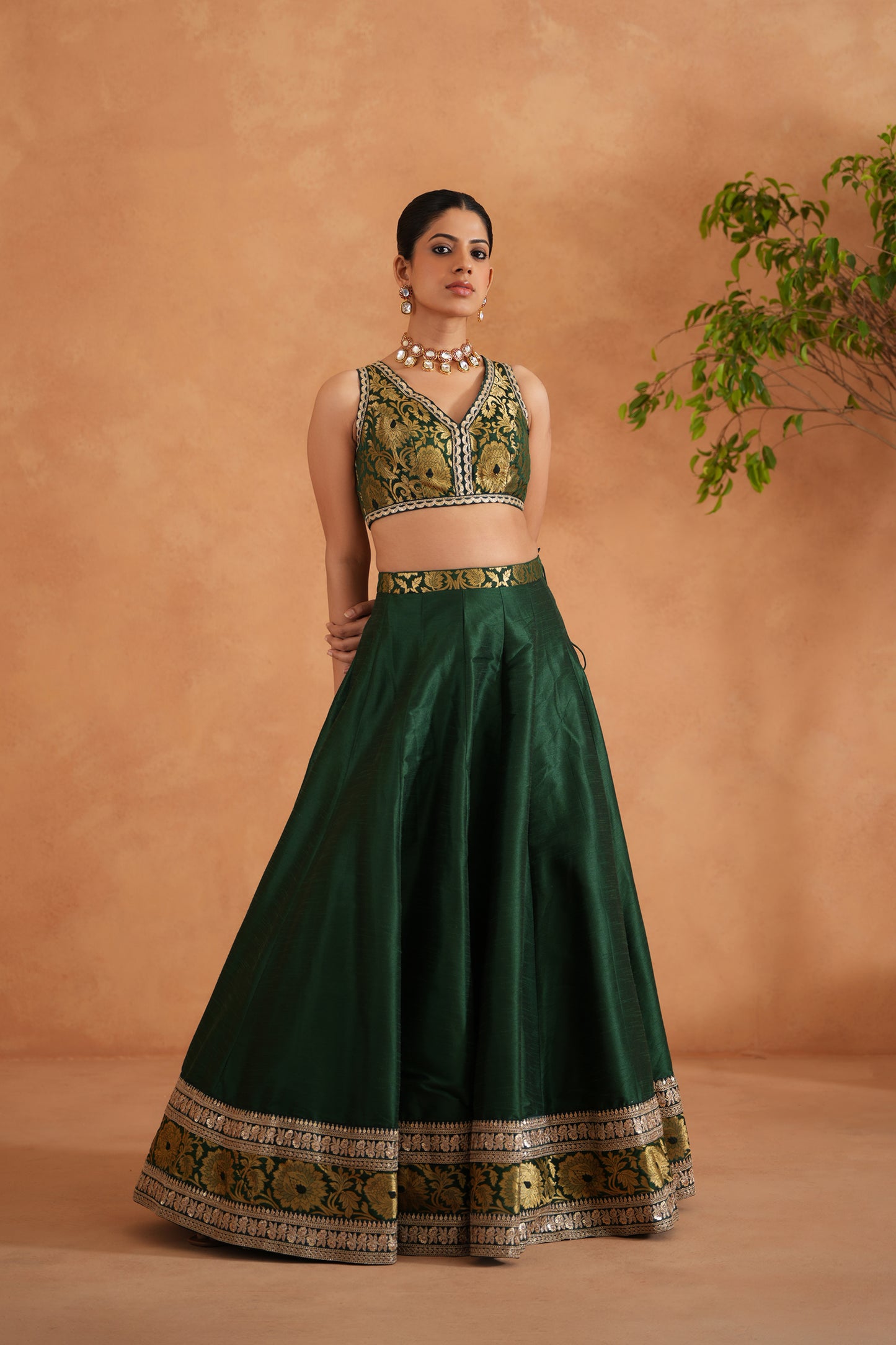Bottle green Brocade Blouse, Lehenga and Dupatta