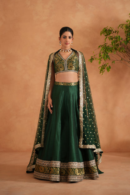 Bottle green Brocade Blouse, Lehenga and Dupatta
