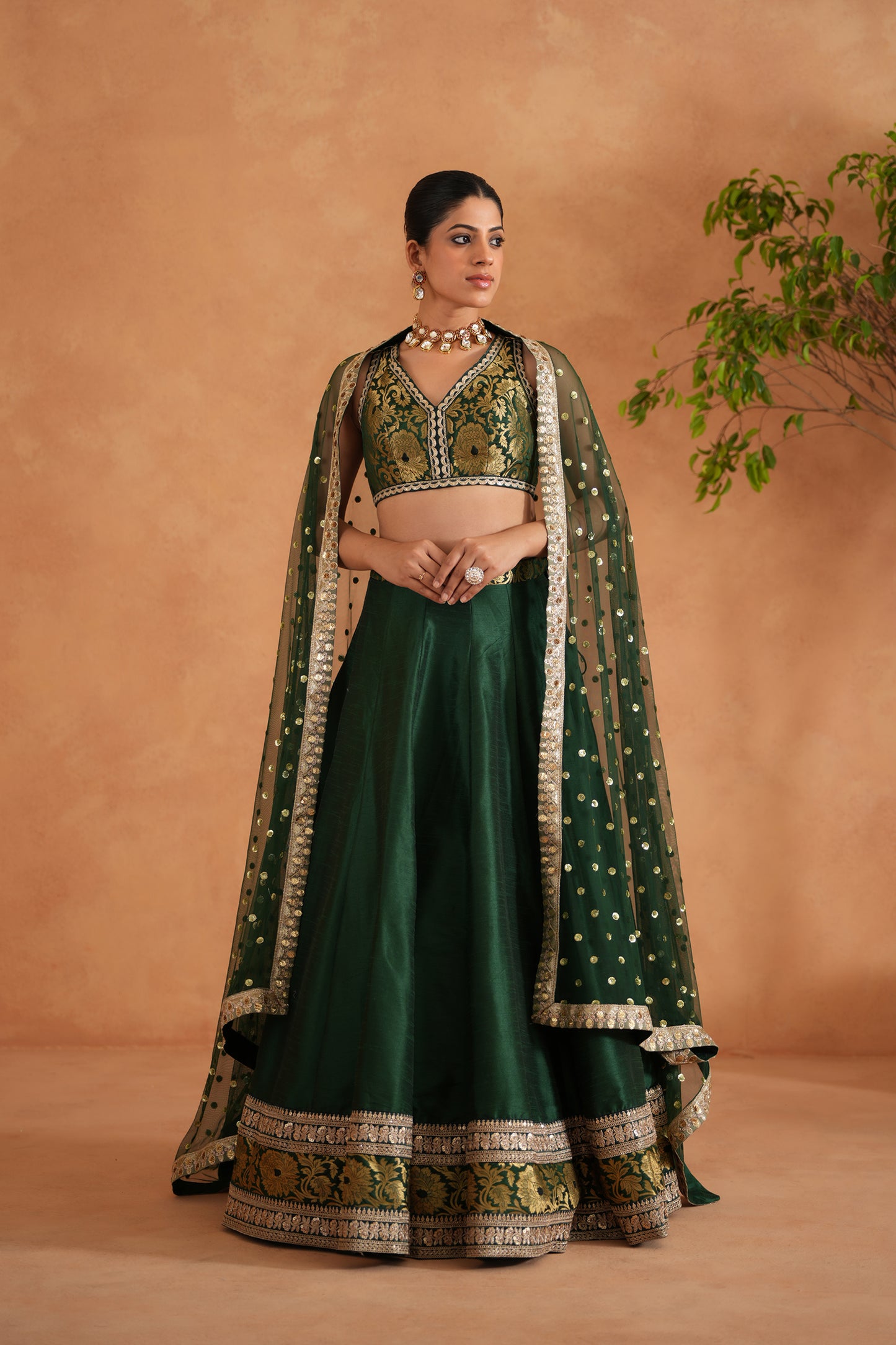 Bottle green Brocade Blouse, Lehenga and Dupatta