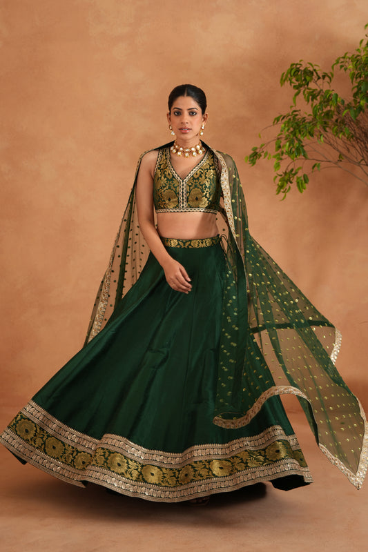 Bottle green Brocade Blouse, Lehenga and Dupatta