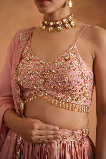 Pink Embroidered Blouse, Lehenga and Dupata