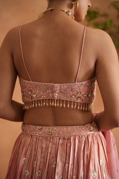 Pink Embroidered Blouse, Lehenga and Dupata