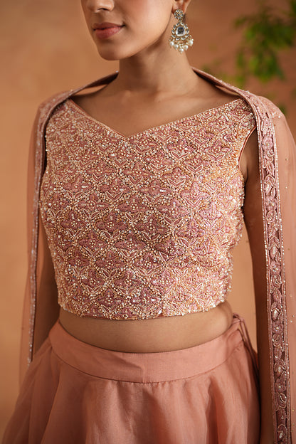 Peach Embroidered Blouse, Lehenga and Dupatta