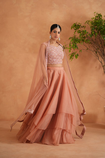Peach Embroidered Blouse, Lehenga and Dupatta