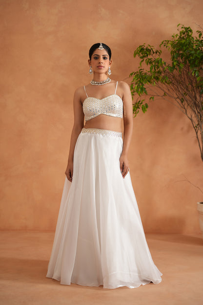 Ivory Embroidered Bustier, Lehenga and Short Jacket