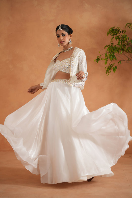 Ivory Embroidered Bustier, Lehenga and Short Jacket