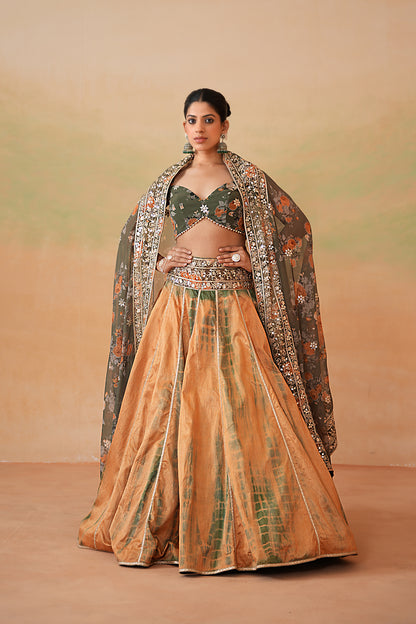 Olive Green Printed Blouse, Tie and Dye Lehenga and Printed Dupatta