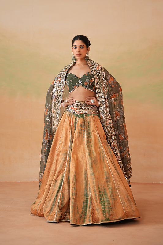 Olive Green Printed Blouse, Tie and Dye Lehenga and Printed Dupatta