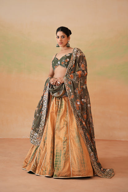 Olive Green Printed Blouse, Tie and Dye Lehenga and Printed Dupatta