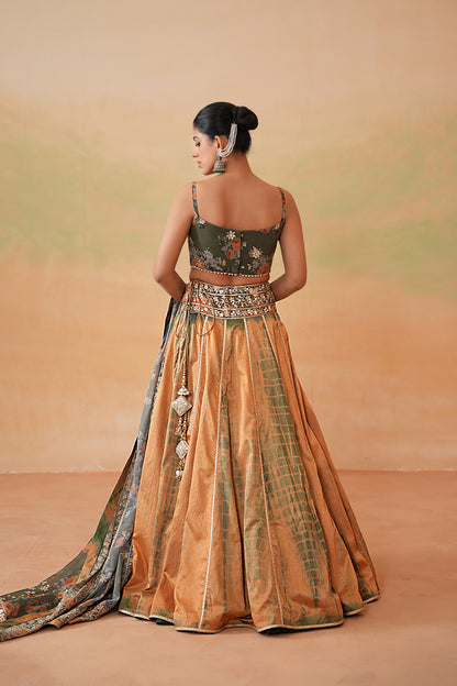 Olive Green Printed Blouse, Tie and Dye Lehenga and Printed Dupatta