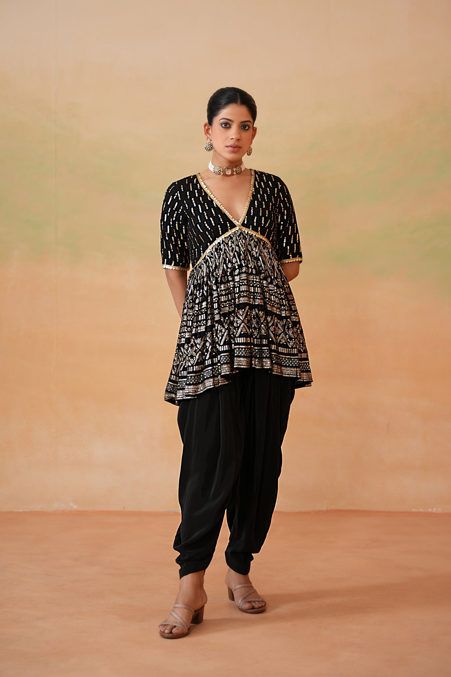 Black Embroidery Fabric Peplum Kurti, Dhoti Salwar and Dupatta