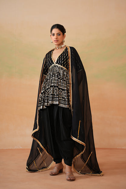Black Embroidery Fabric Peplum Kurti, Dhoti Salwar and Dupatta