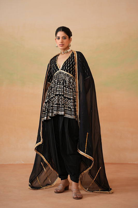 Black Embroidery Fabric Peplum Kurti, Dhoti Salwar and Dupatta