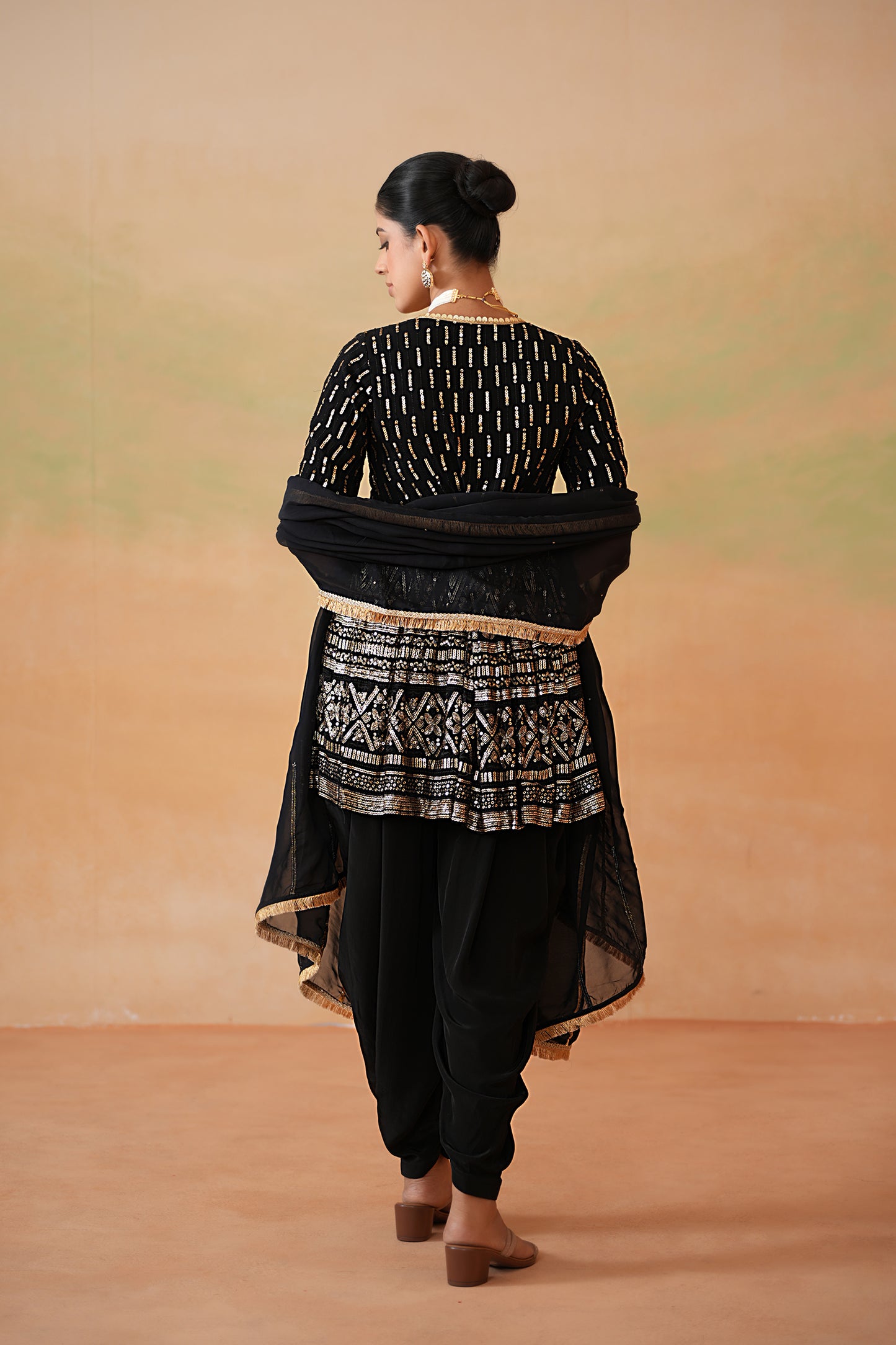Black Embroidery Fabric Peplum Kurti, Dhoti Salwar and Dupatta