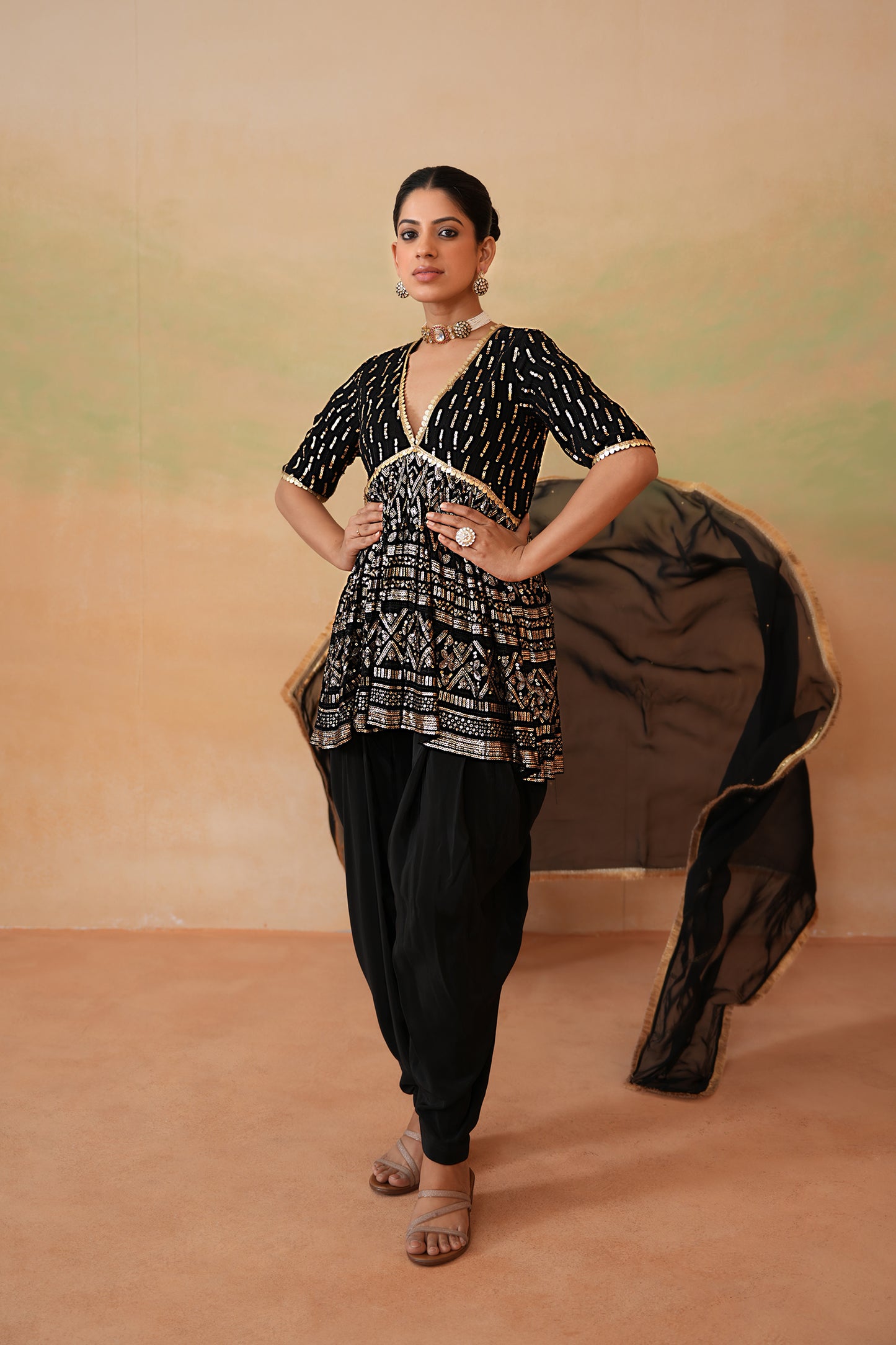 Black Embroidery Fabric Peplum Kurti, Dhoti Salwar and Dupatta