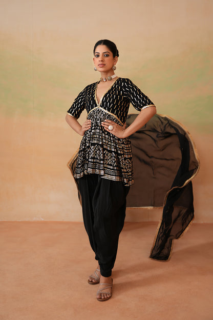 Black Embroidery Fabric Peplum Kurti, Dhoti Salwar and Dupatta