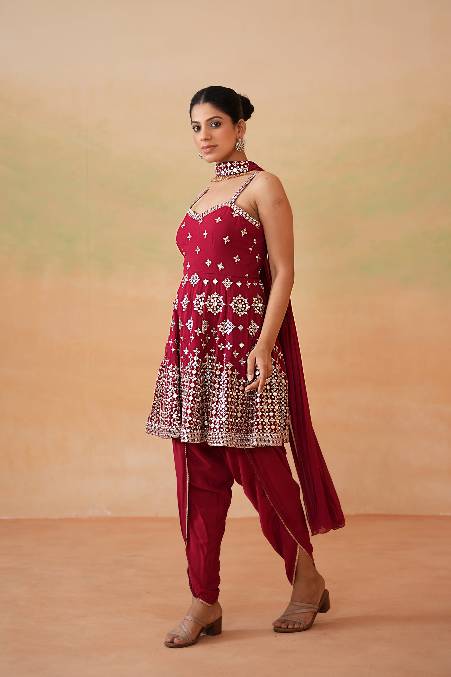 Maroon Embroidery Fabric Peplum Kurti, Tulip Salwar and Choker Dupatta