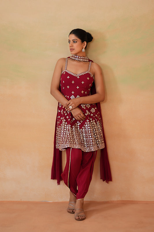 Maroon Embroidery Fabric Peplum Kurti, Tulip Salwar and Choker Dupatta