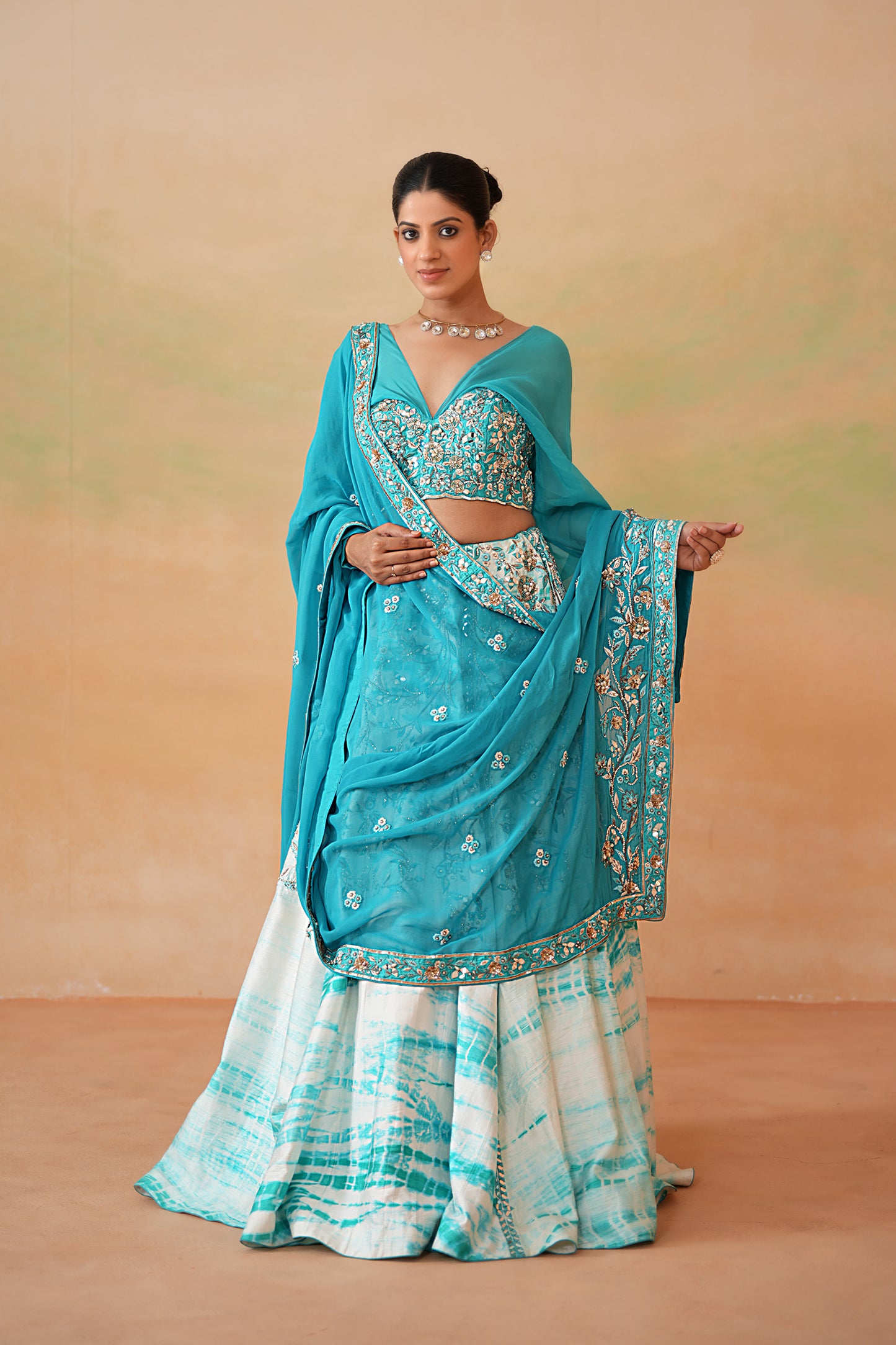 Sky Blue Embroidered blouse and Tie and Dye Lehenga