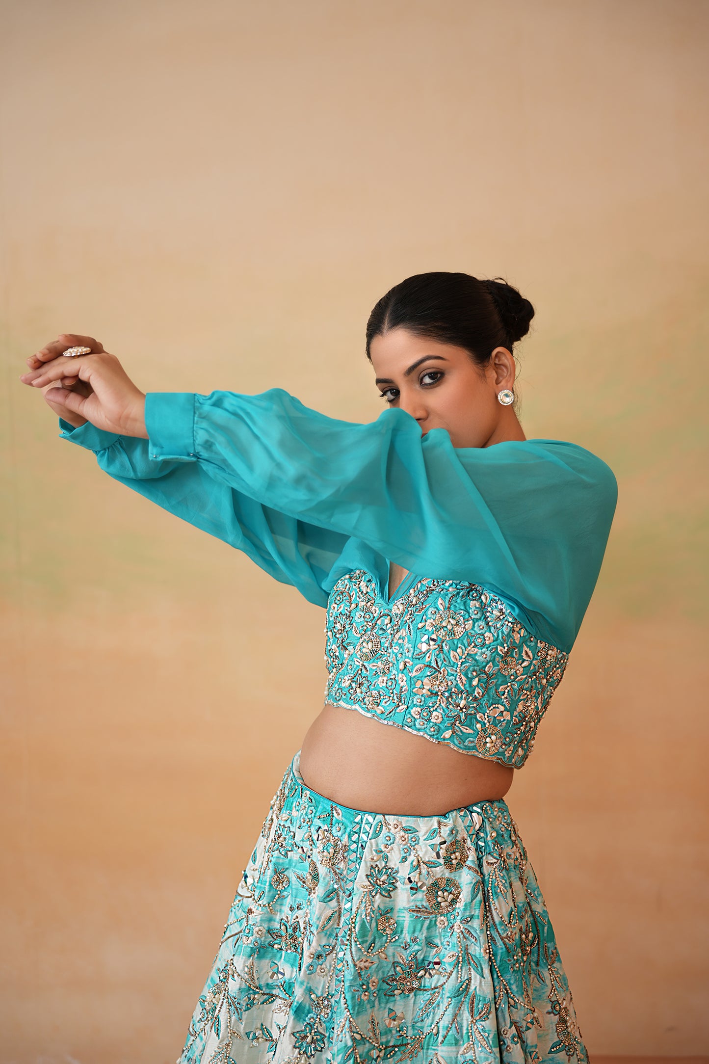 Sky Blue Embroidered blouse and Tie and Dye Lehenga