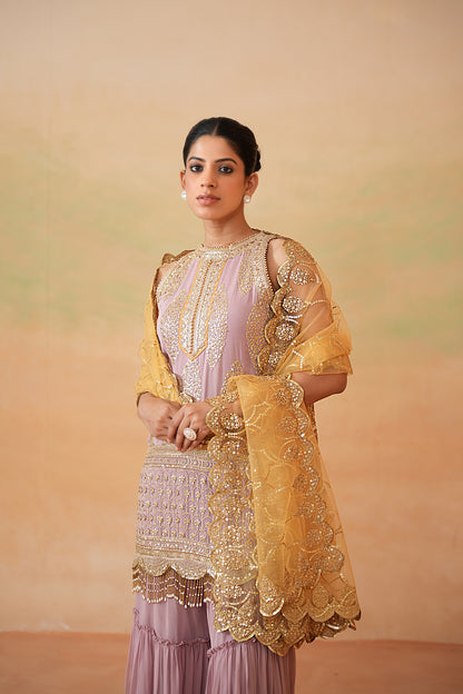 Mauve Ready Fabric Kurti, Garara and Mustard Dupatta
