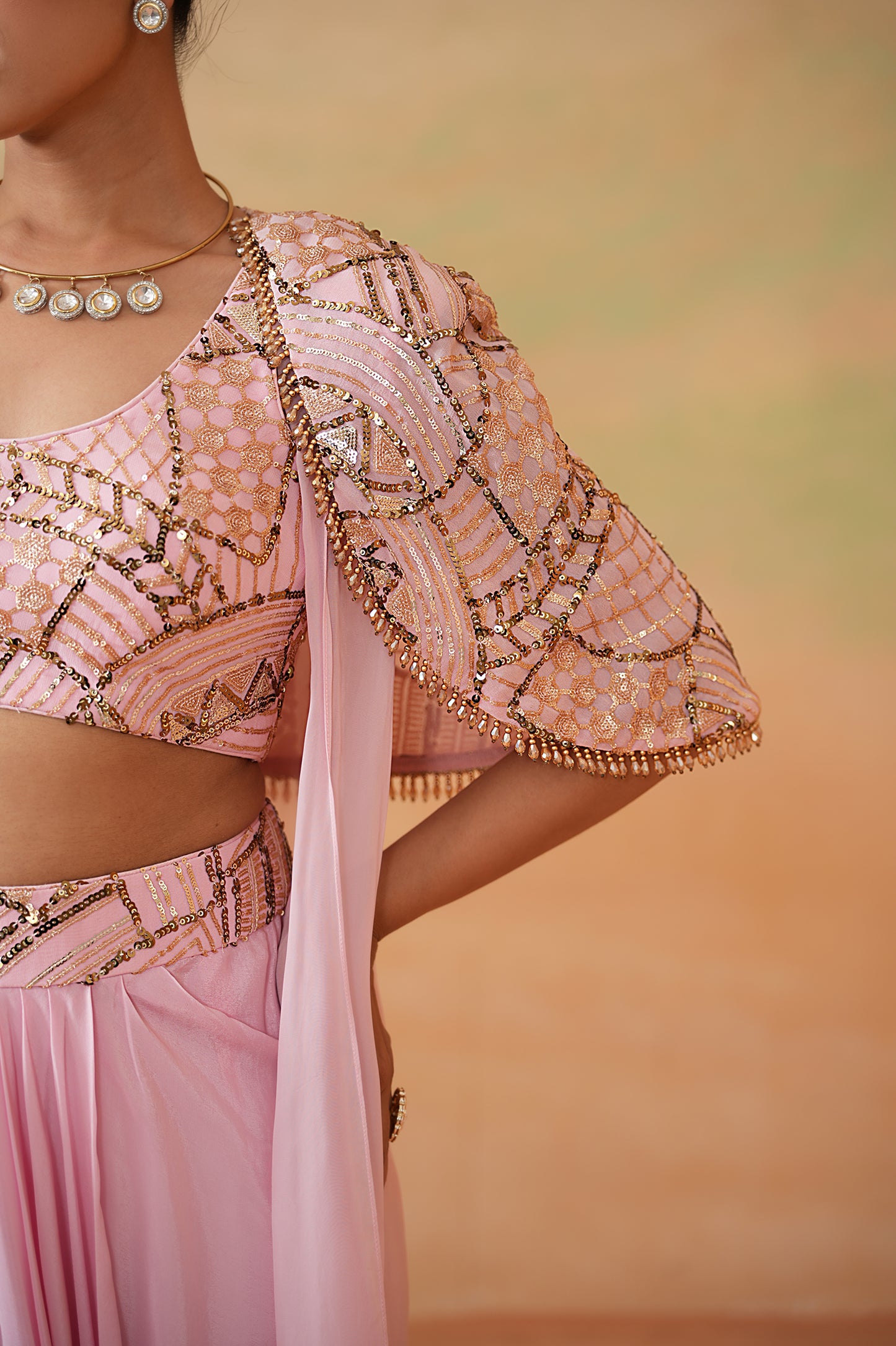 Light Pink Embroidery Blouse, Drape Skirt and Cape
