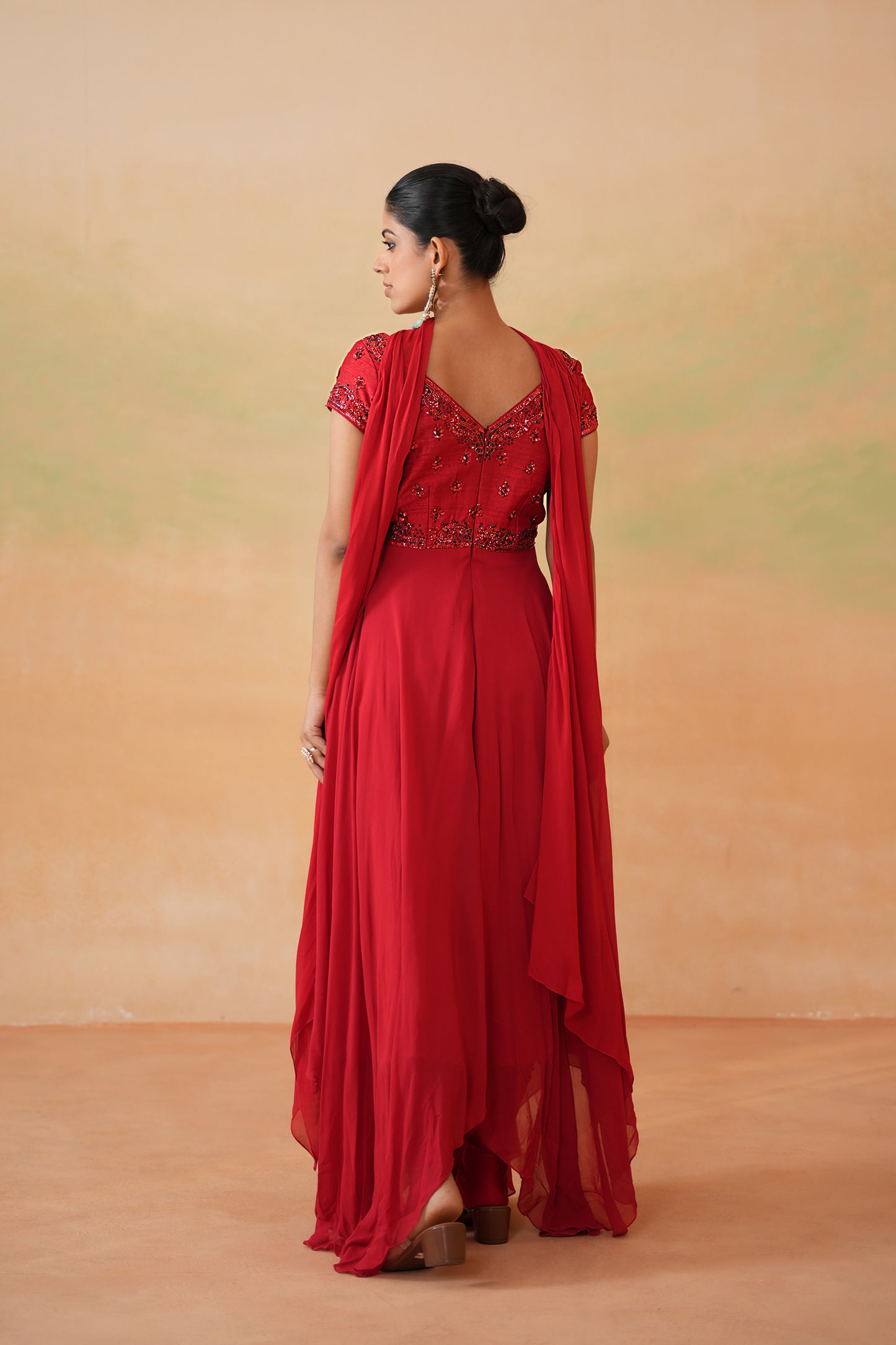 Red Embroidered Handkerchief Anarkali, Churidar and Choker Dupatta