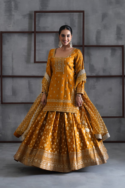Mustard Embroidered Kurti, Brocade Lehenga and Dupatta