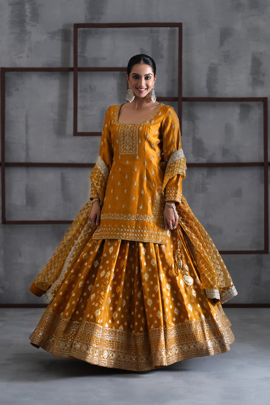 Mustard Embroidered Kurti, Brocade Lehenga and Dupatta