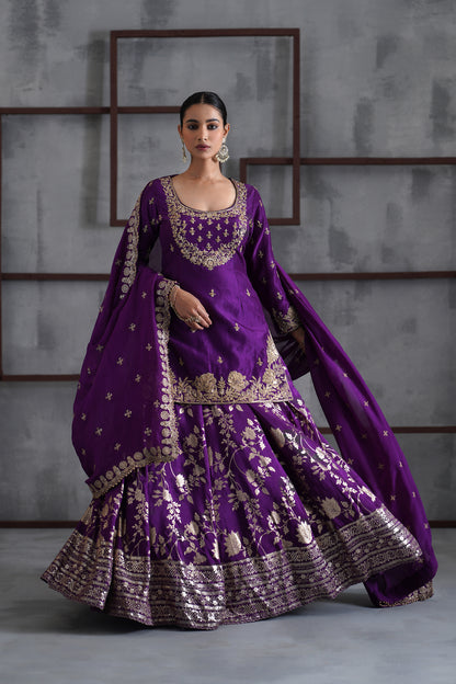 Purple Embroidered Kurti, Banarsi Lehenga and Dupatta