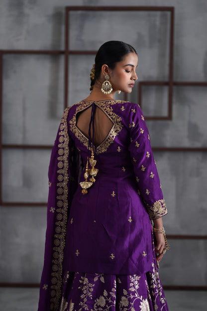 Purple Embroidered Kurti, Banarsi Lehenga and Dupatta
