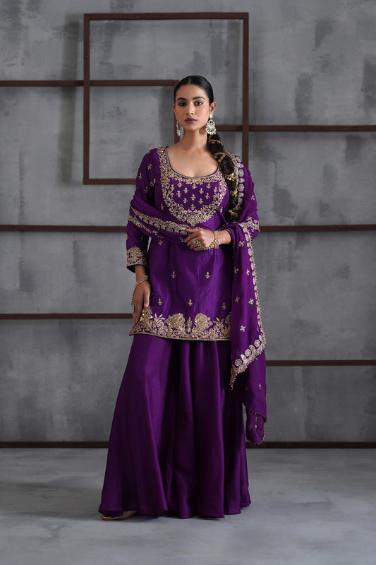Purple Embroidered Kurti, Sharara and Dupatta