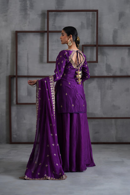Purple Embroidered Kurti, Sharara and Dupatta