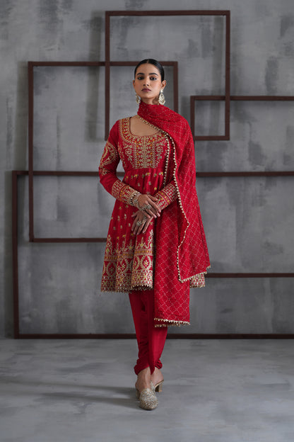 Red Embroidered Anarkali, Tulip Pants and Dupatta