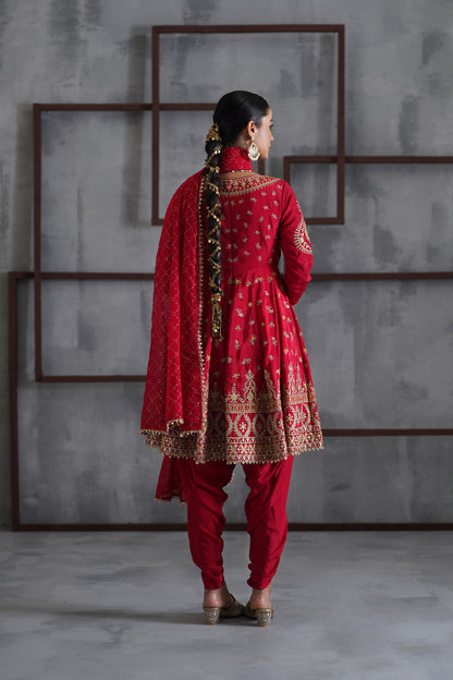 Red Embroidered Anarkali, Tulip Pants and Dupatta