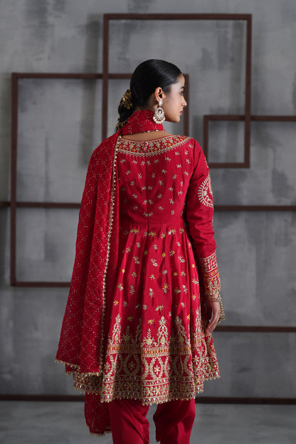 Red Embroidered Anarkali, Tulip Pants and Dupatta