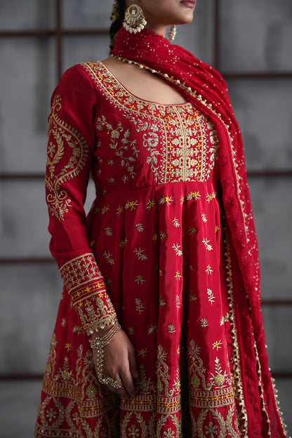 Red Embroidered Anarkali, Tulip Pants and Dupatta