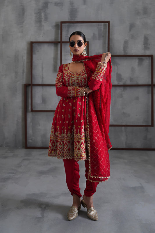 Red Embroidered Anarkali, Tulip Pants and Dupatta