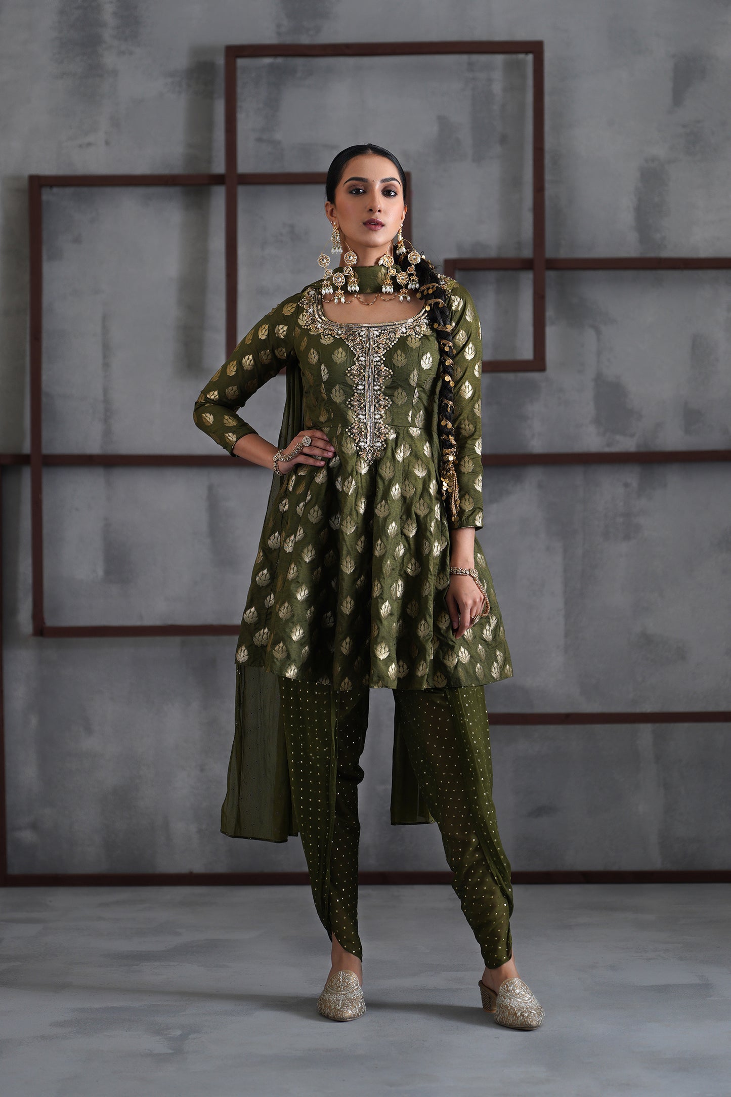 Olive Green Peplum, Tulip Salwar and Choker Dupatta
