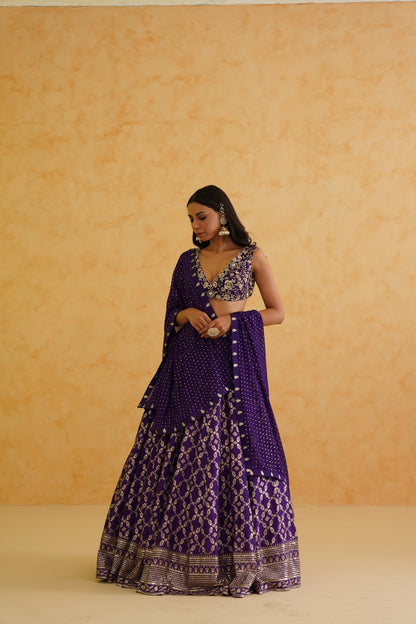 Purple brocade lehenga, blouse and dupatta Set