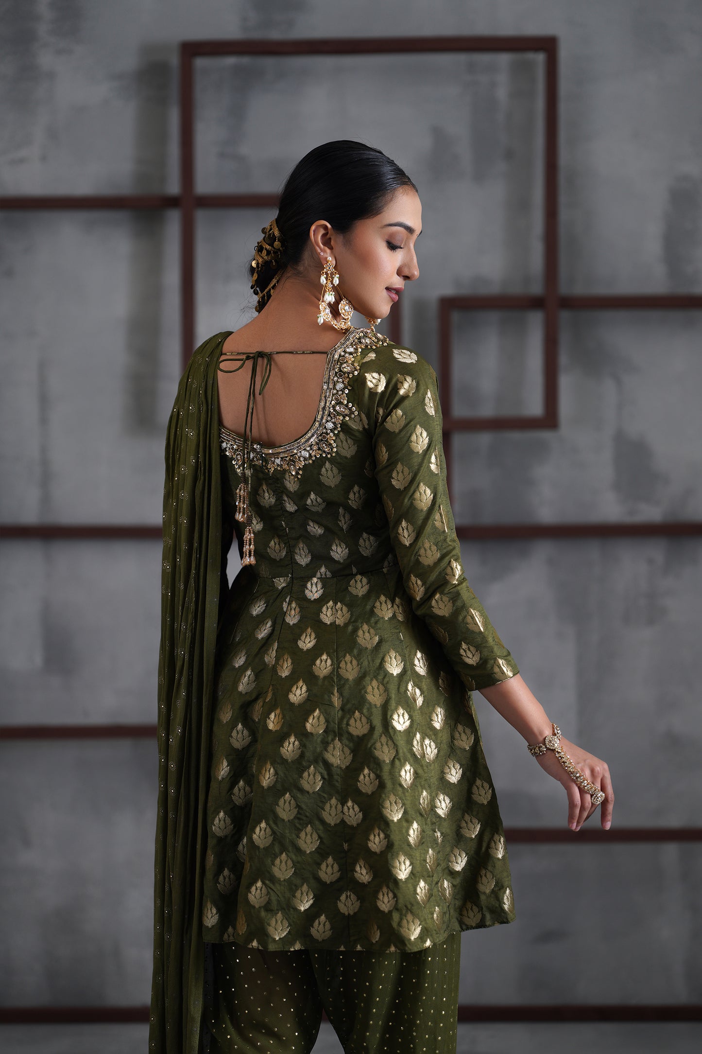 Olive Green Peplum, Tulip Salwar and Choker Dupatta