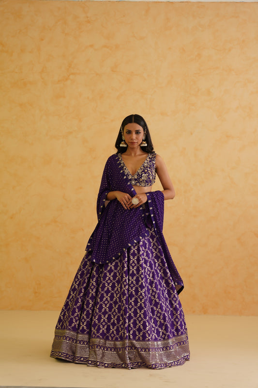 Purple brocade lehenga, blouse and dupatta Set