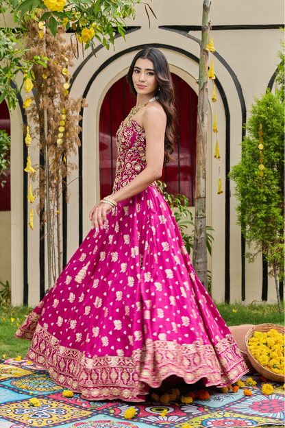 Plum Mirror-Embellished Corset & Banarasi Lehenga Set