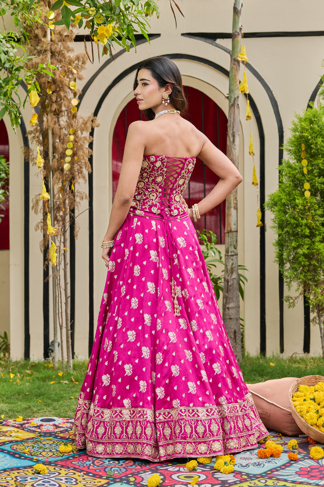 Plum Mirror-Embellished Corset & Banarasi Lehenga Set