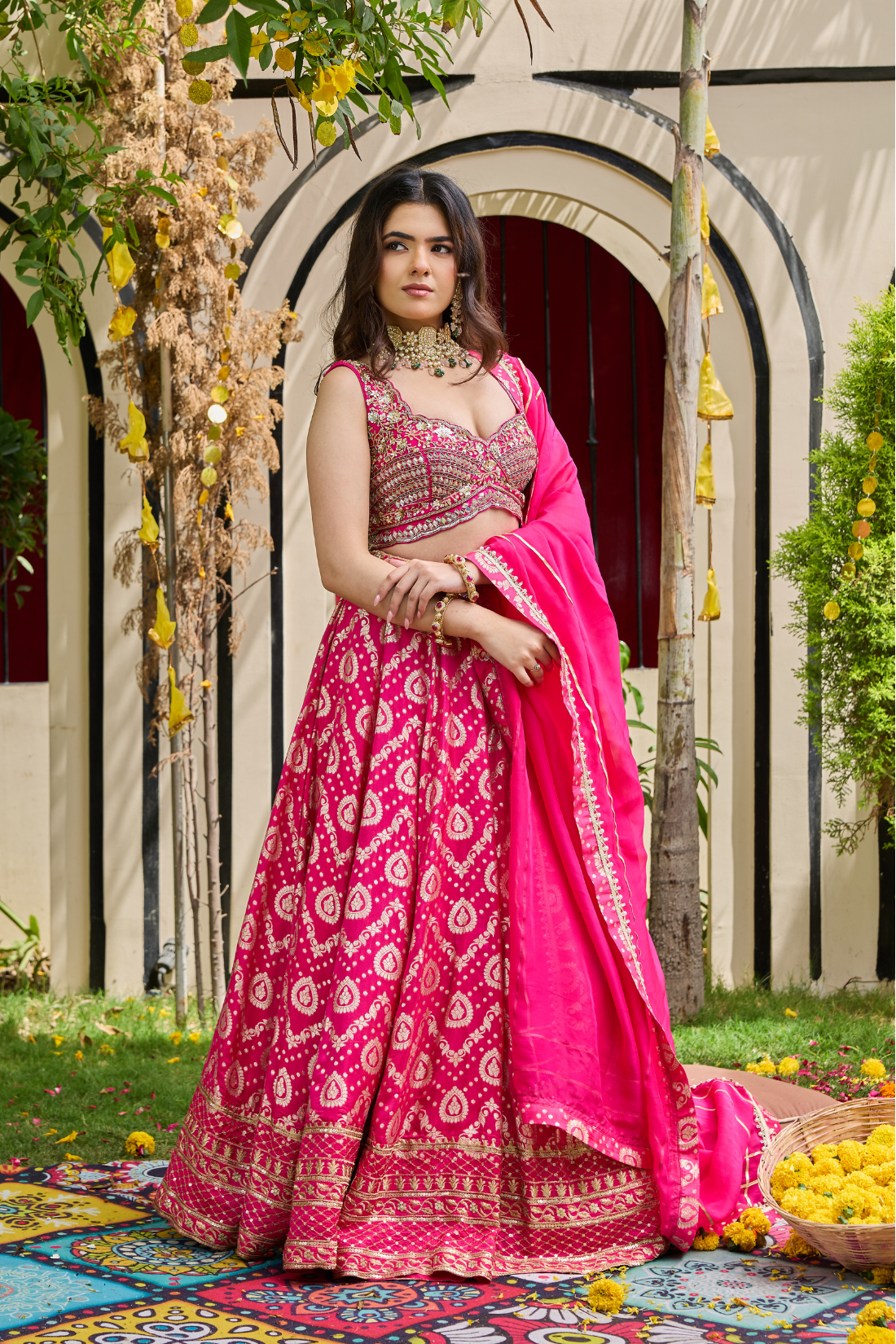 Fuchsia Mirrored Blouse & Brocade Lehenga Set