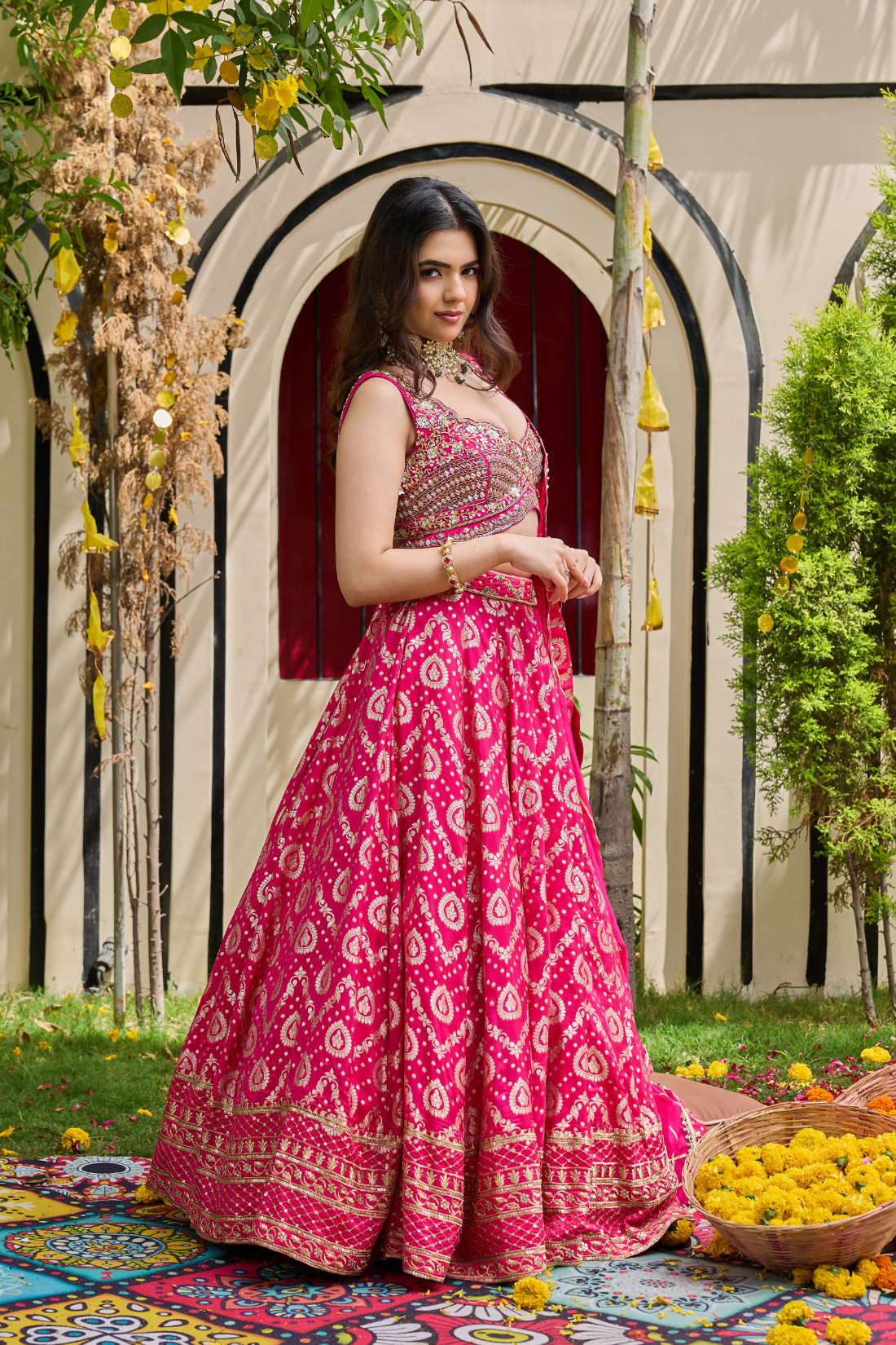 Fuchsia Mirrored Blouse & Brocade Lehenga Set
