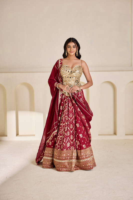 Gold emb corset and brocade lehnga set