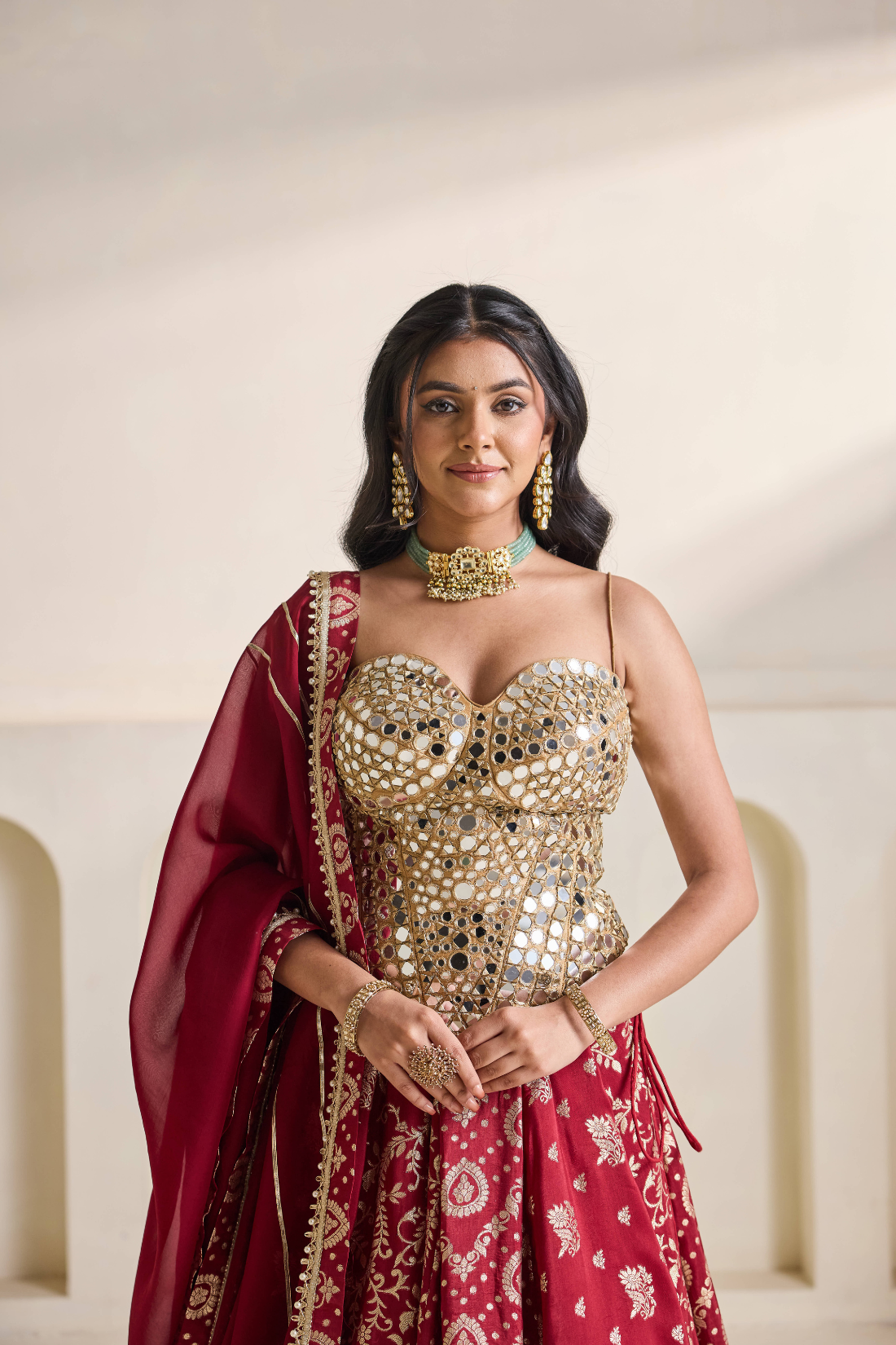 Gold emb corset and brocade lehnga set